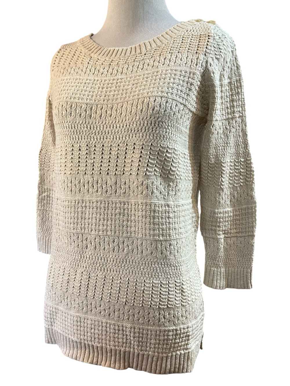 LL BEAN LIGHTWEIGHT COTTON MIXED KNIT SWEATER BONE WHITE SIZE EXTRA SMALL
